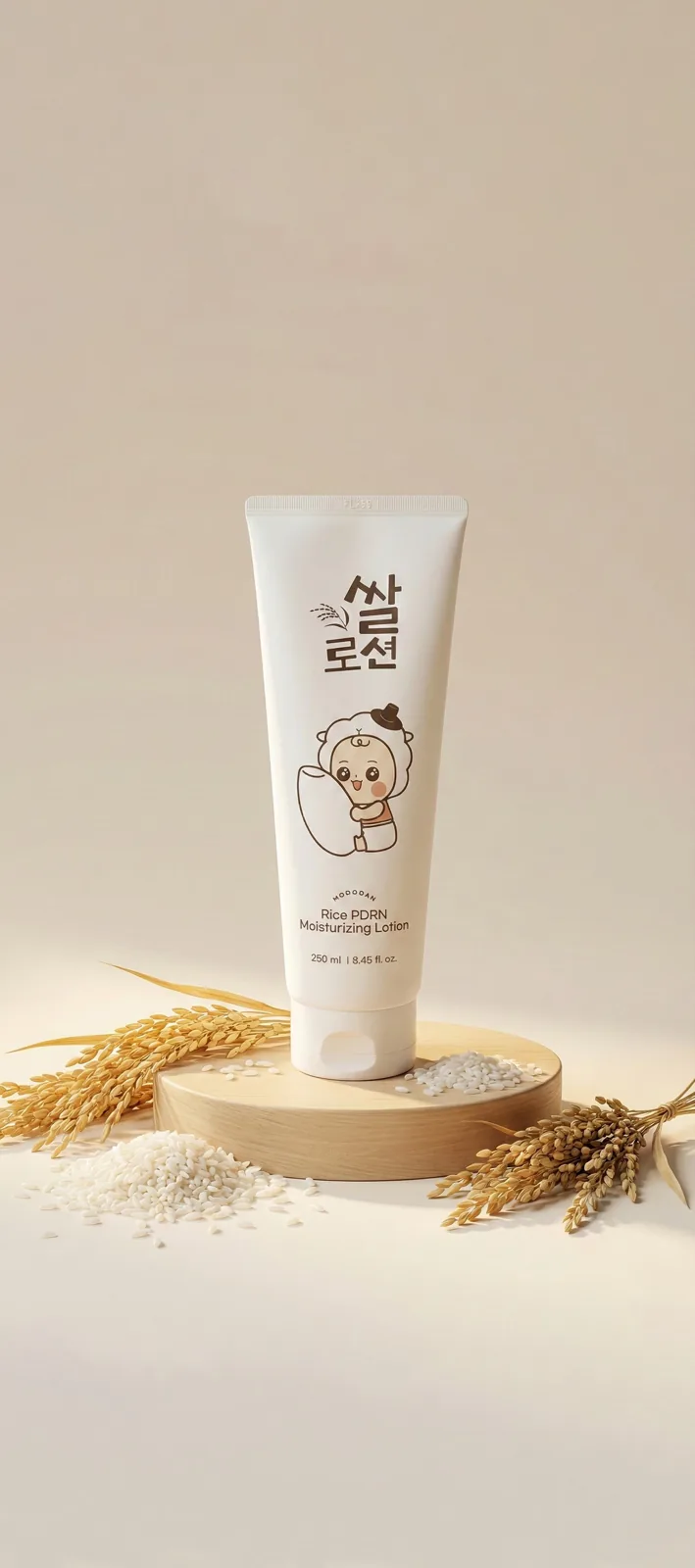 쌀 이삭과 함께 놓인 모두안 쌀 PDRN 로션